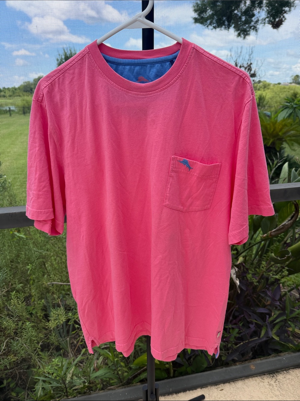 Tommy Bahama Bright Pink Short-Sleeve Pocket Tee with Blue Dolphin